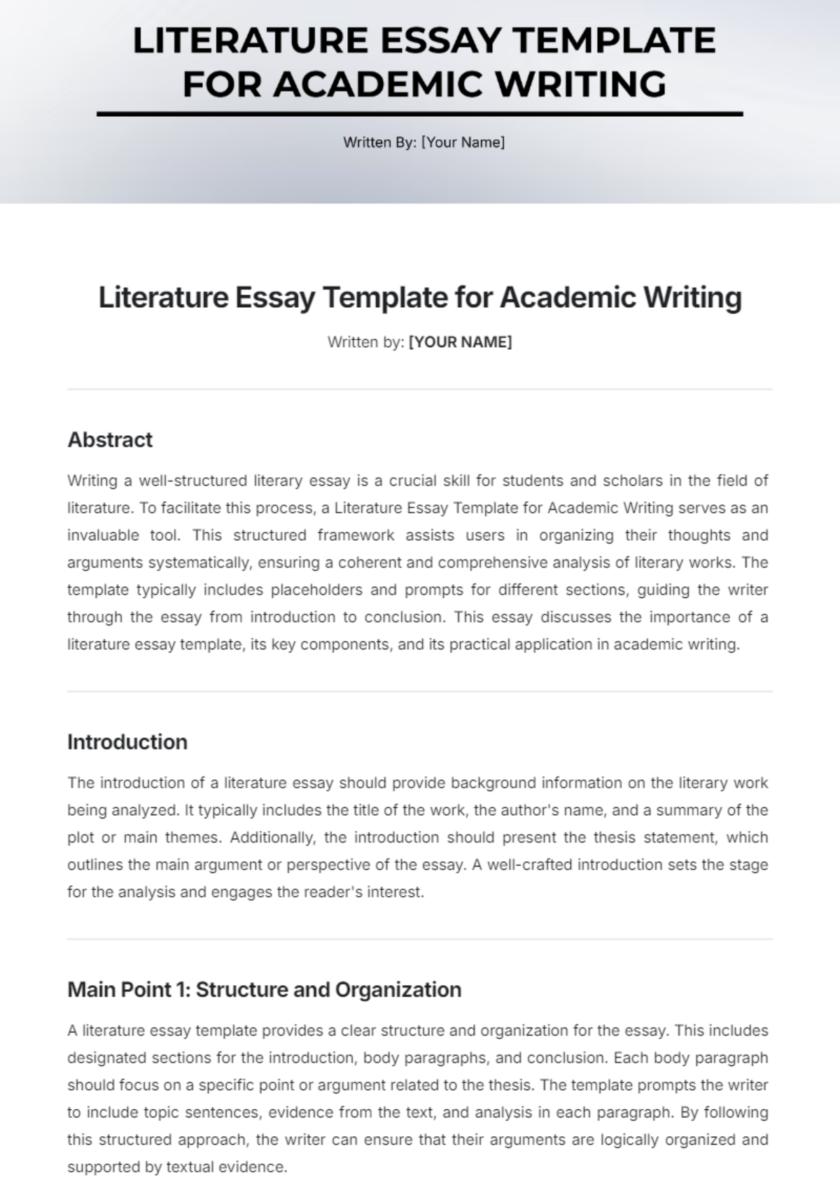 Literature Essay Template for Academic Writing Template