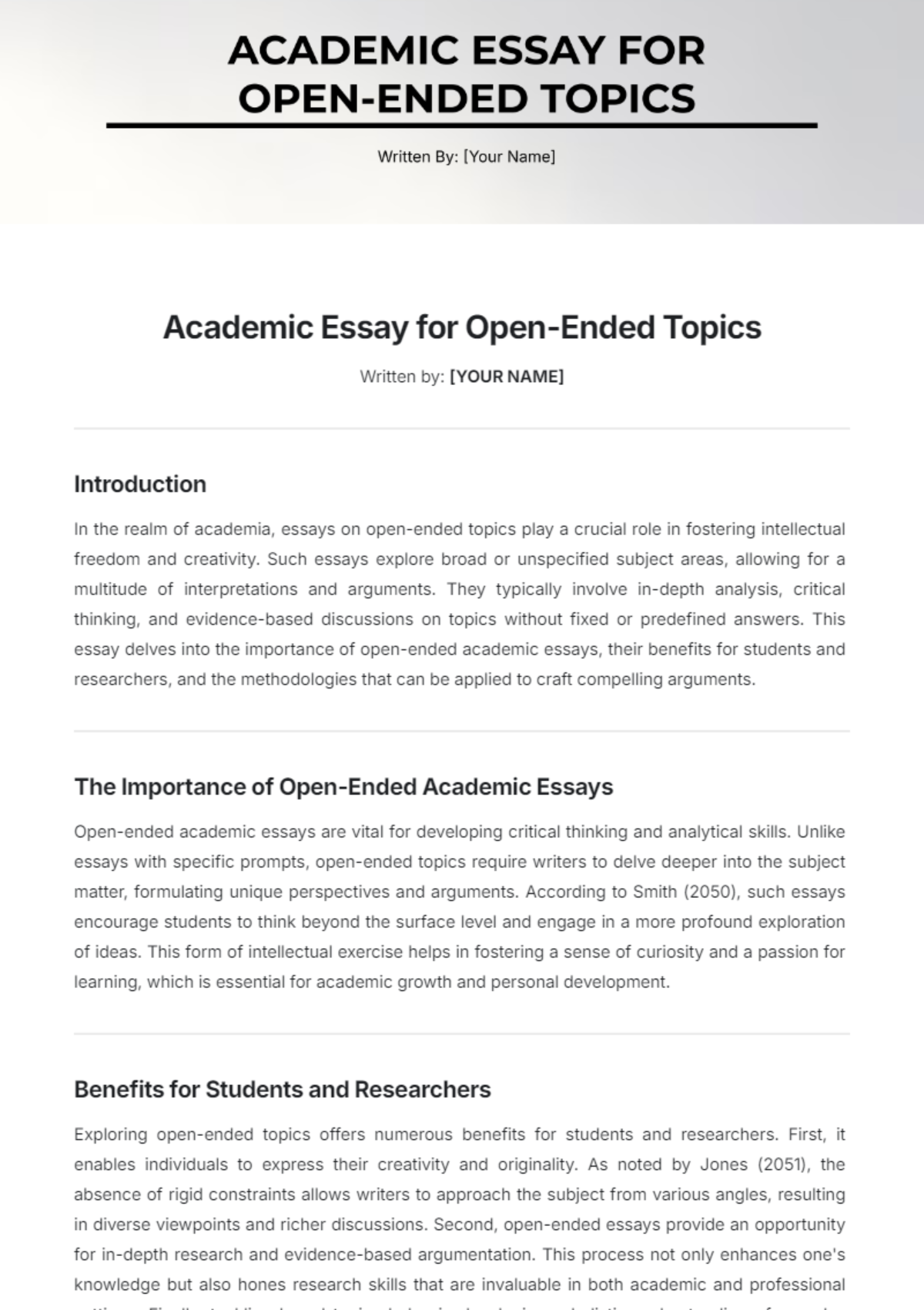 Academic Essay for Open-Ended Topics Template - Edit Online & Download