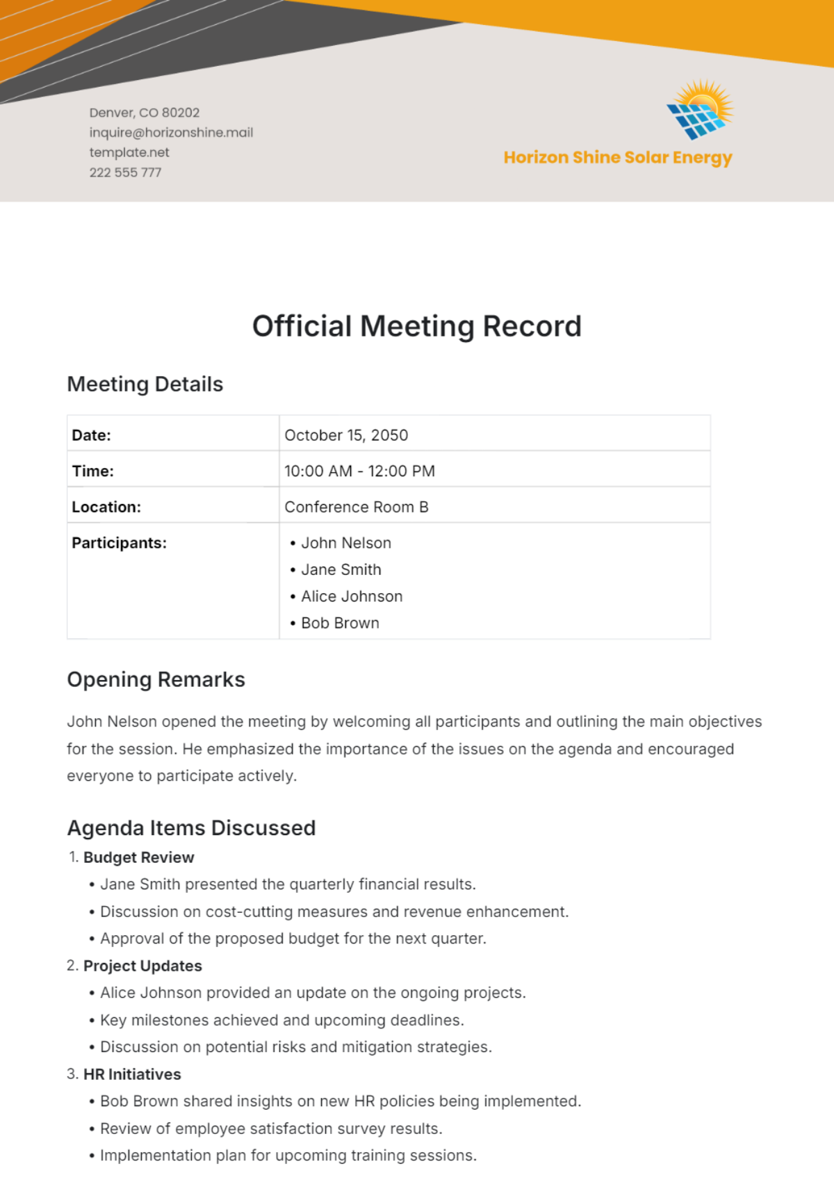 Official Meeting Record Template - Edit Online & Download