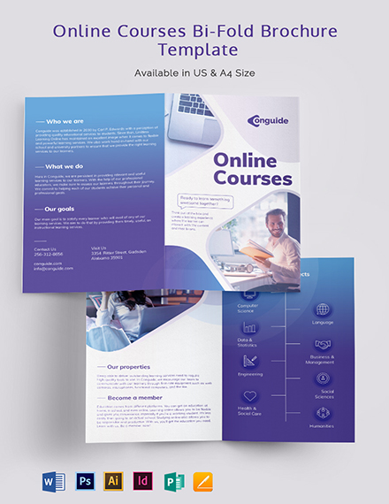 Free Online Courses Bi-Fold Brochure Template - Illustrator, InDesign, Word, Apple Pages, PSD, Publisher