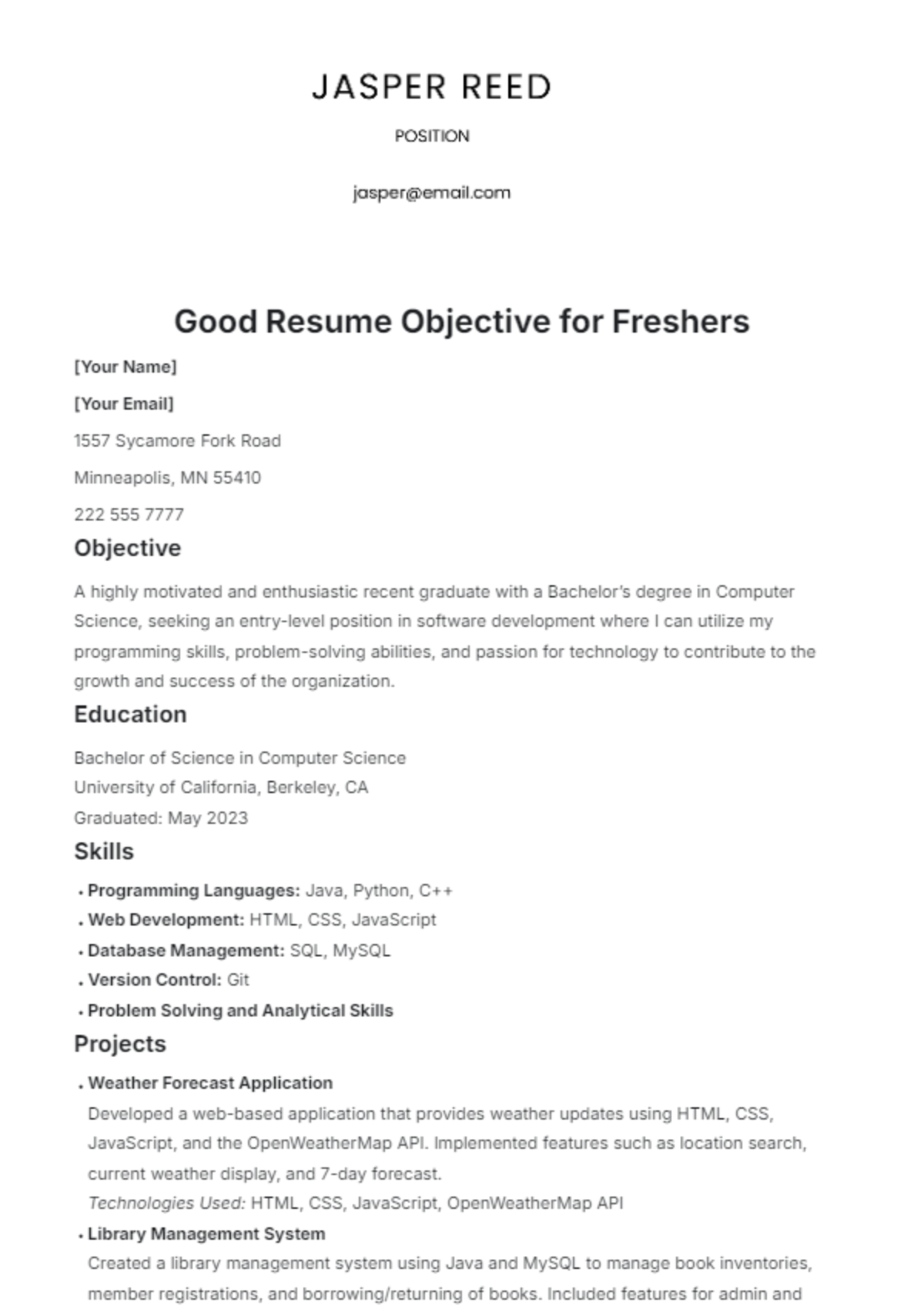 Good Resume Objective for Freshers Template - Edit Online & Download