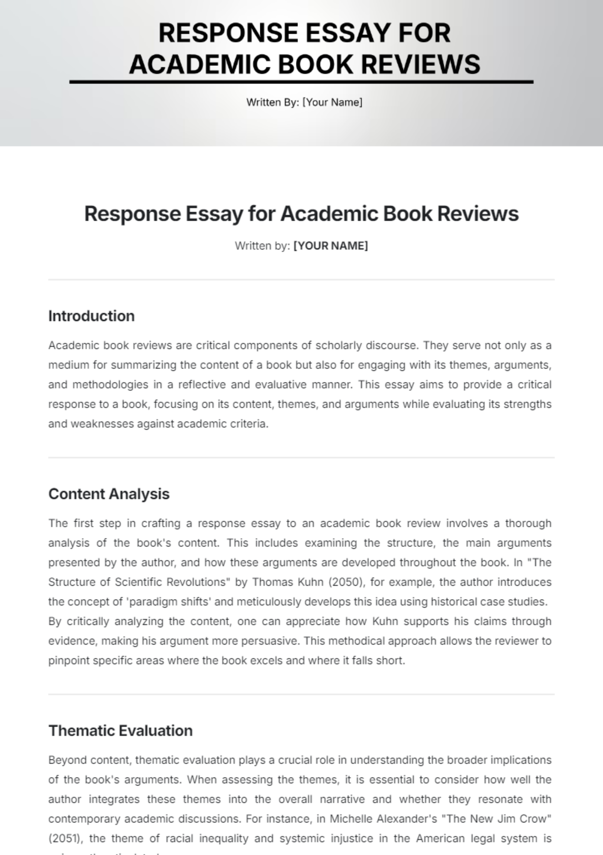 Response Essay for Academic Book Reviews Template