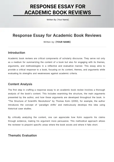 Free Response Essay for Academic Book Reviews Template to Edit Online
