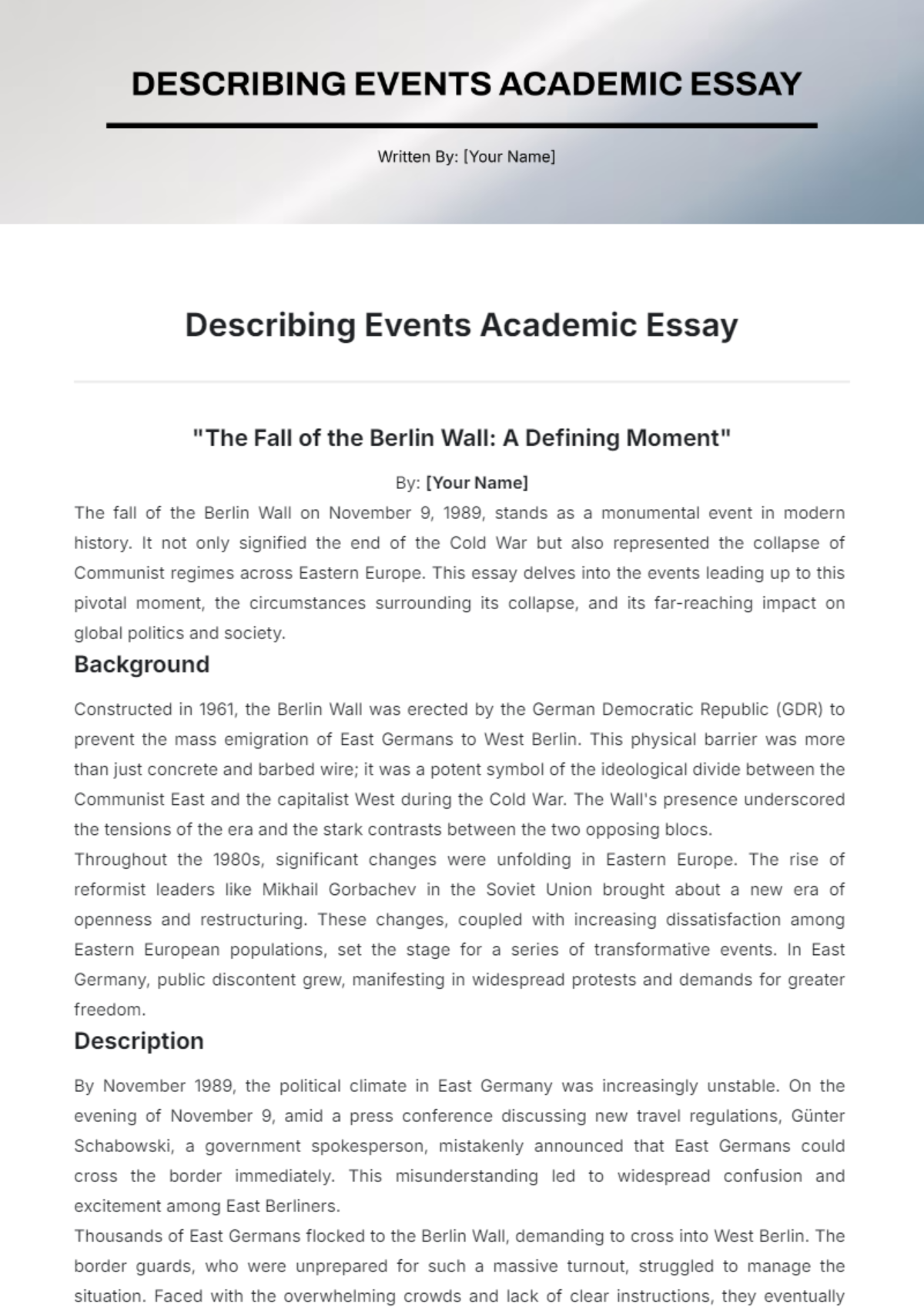 Describing Events Academic Essay Template - Edit Online & Download