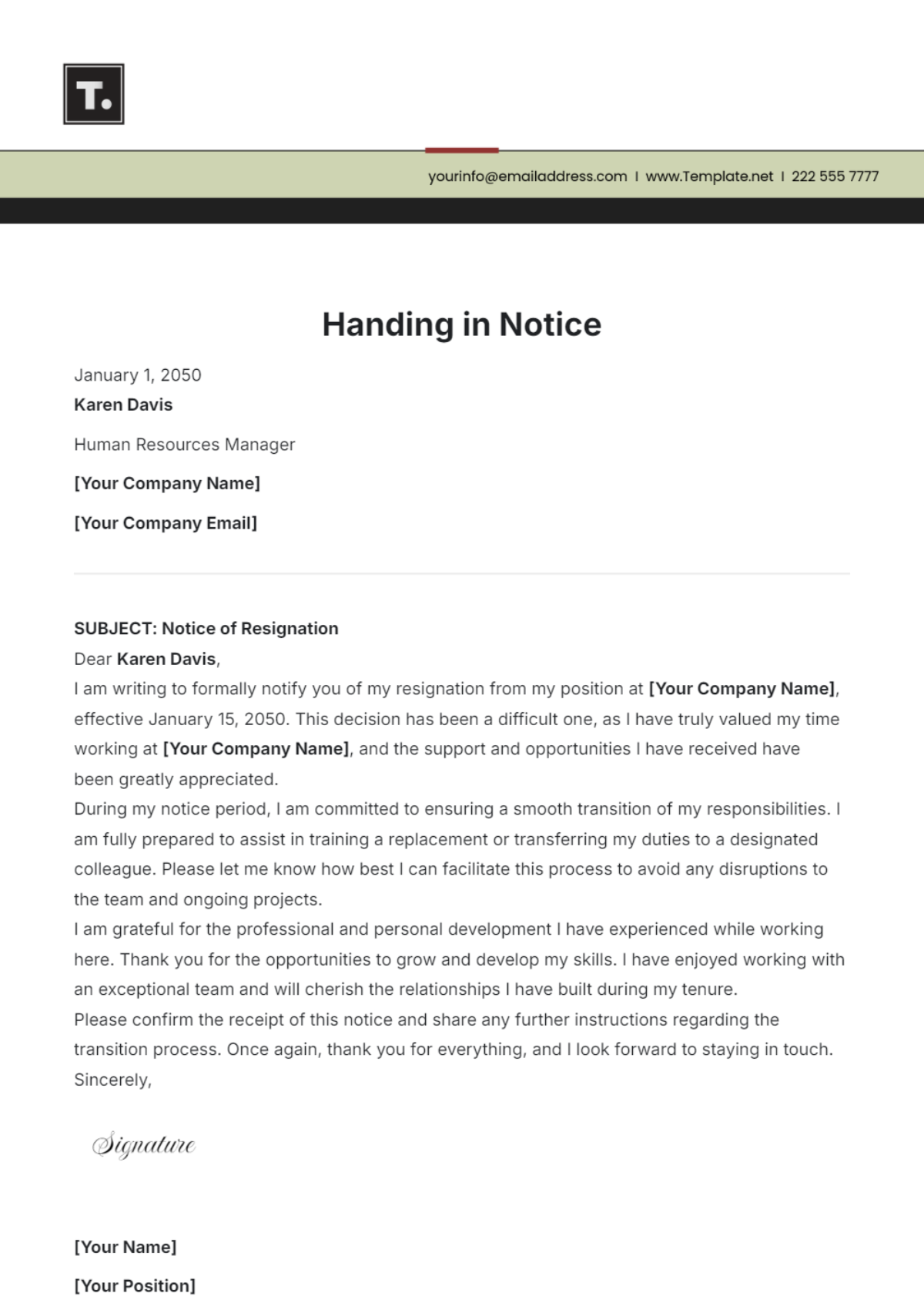 Free Handing in Notice Template