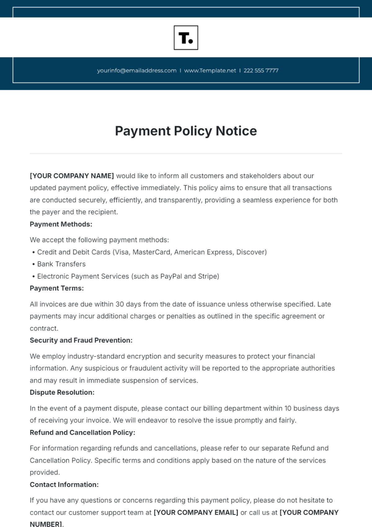 Free Payment Policy Notice Template