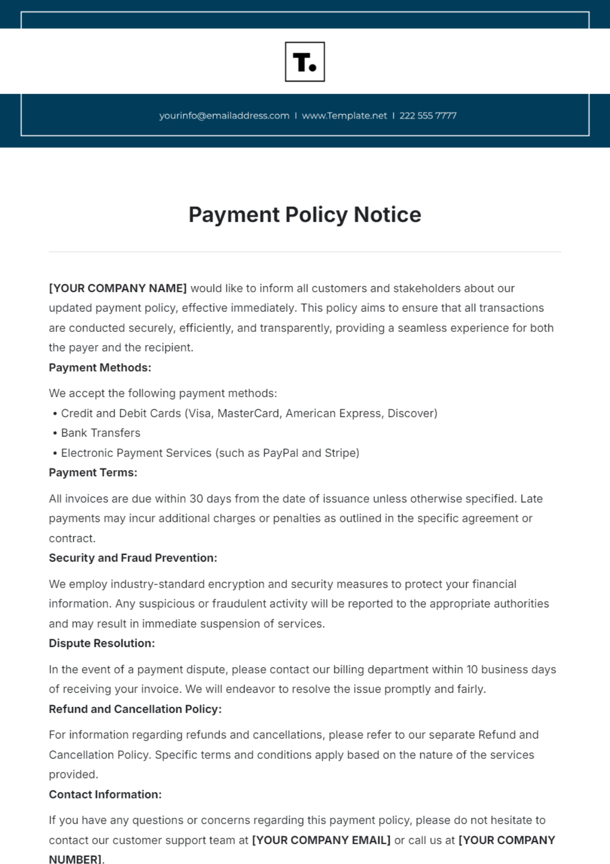 Free Payment Policy Notice Template - Edit Online & Download | Template.net