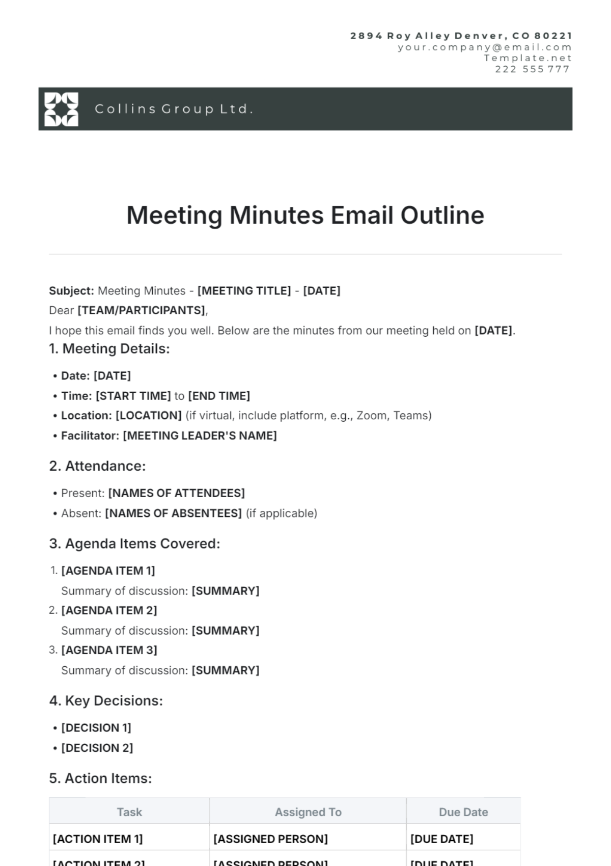 Meeting Minutes Email Outline Template - Edit Online & Download