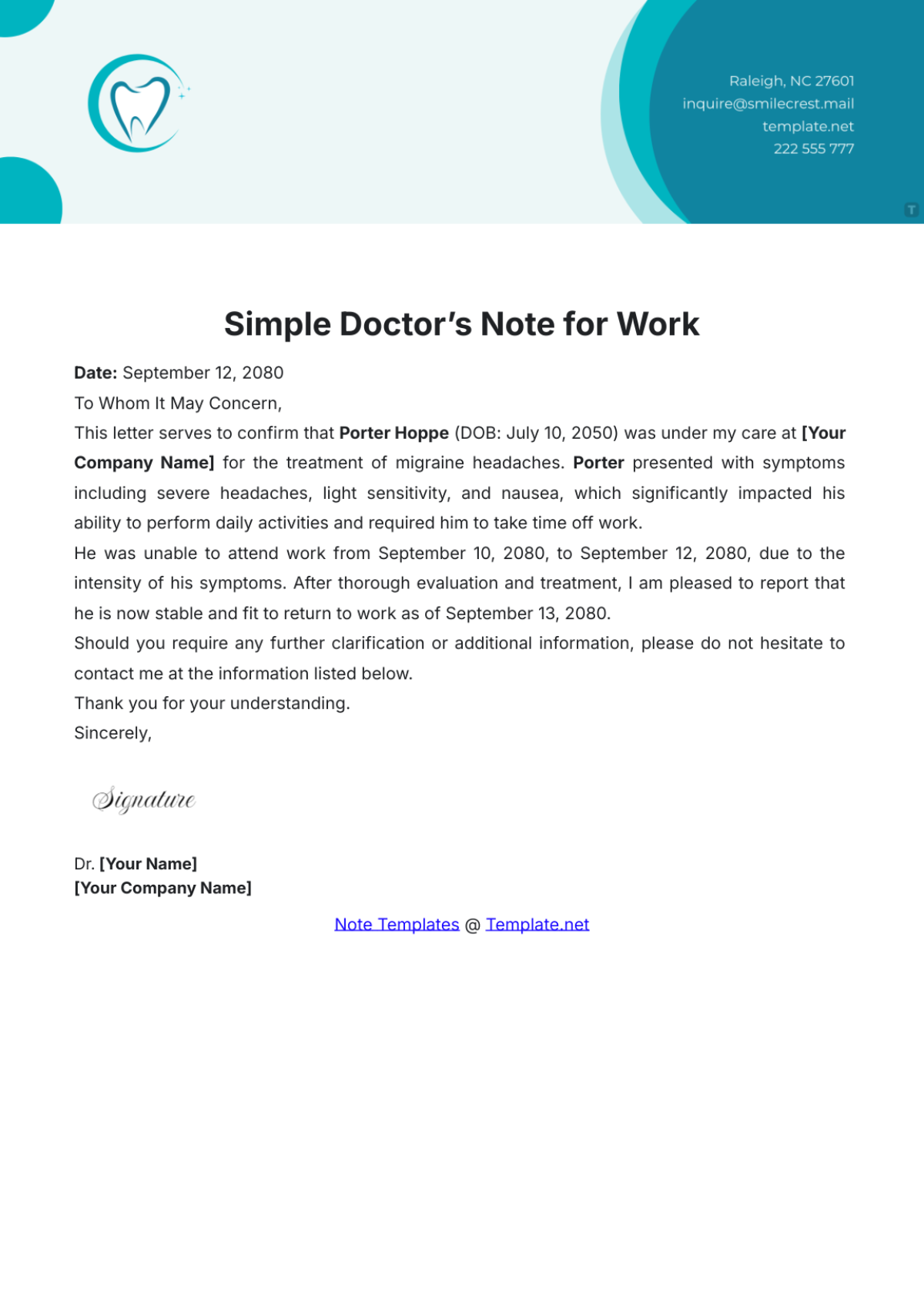 Simple Doctor’s Note for Work Template - Edit Online & Download