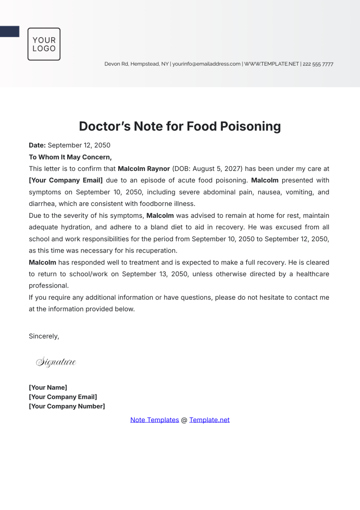 Doctor’s Note for Food Poisoning Template - Edit Online & Download