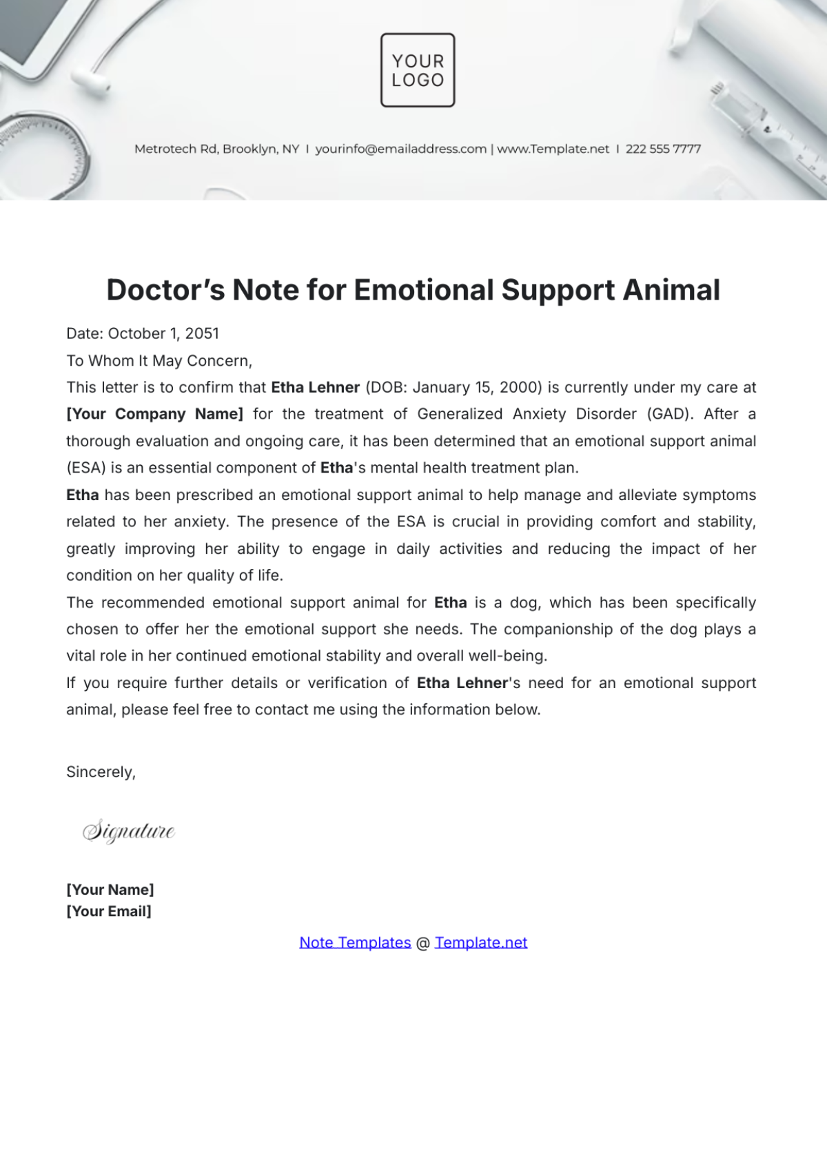 Doctor’s Note for Emotional Support Animal Template - Edit Online & Download