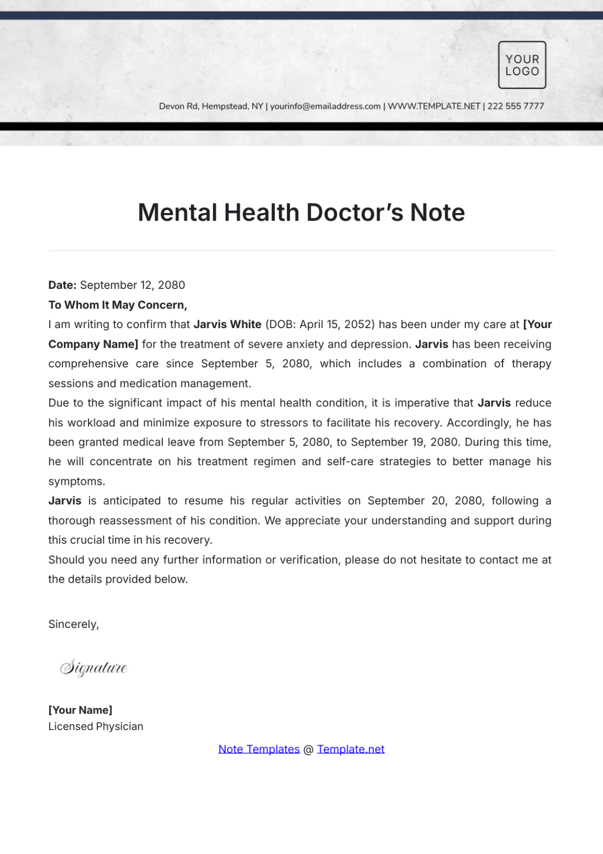 Mental Health Doctor’s Note Template - Edit Online & Download