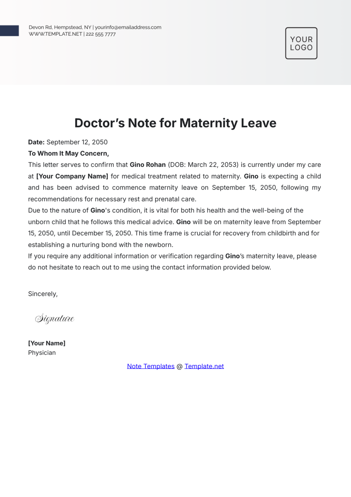 Doctor’s Note for Maternity Leave Template - Edit Online & Download