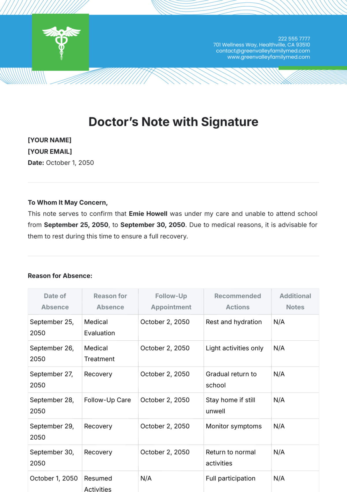 Doctor’s Note with Signature Template