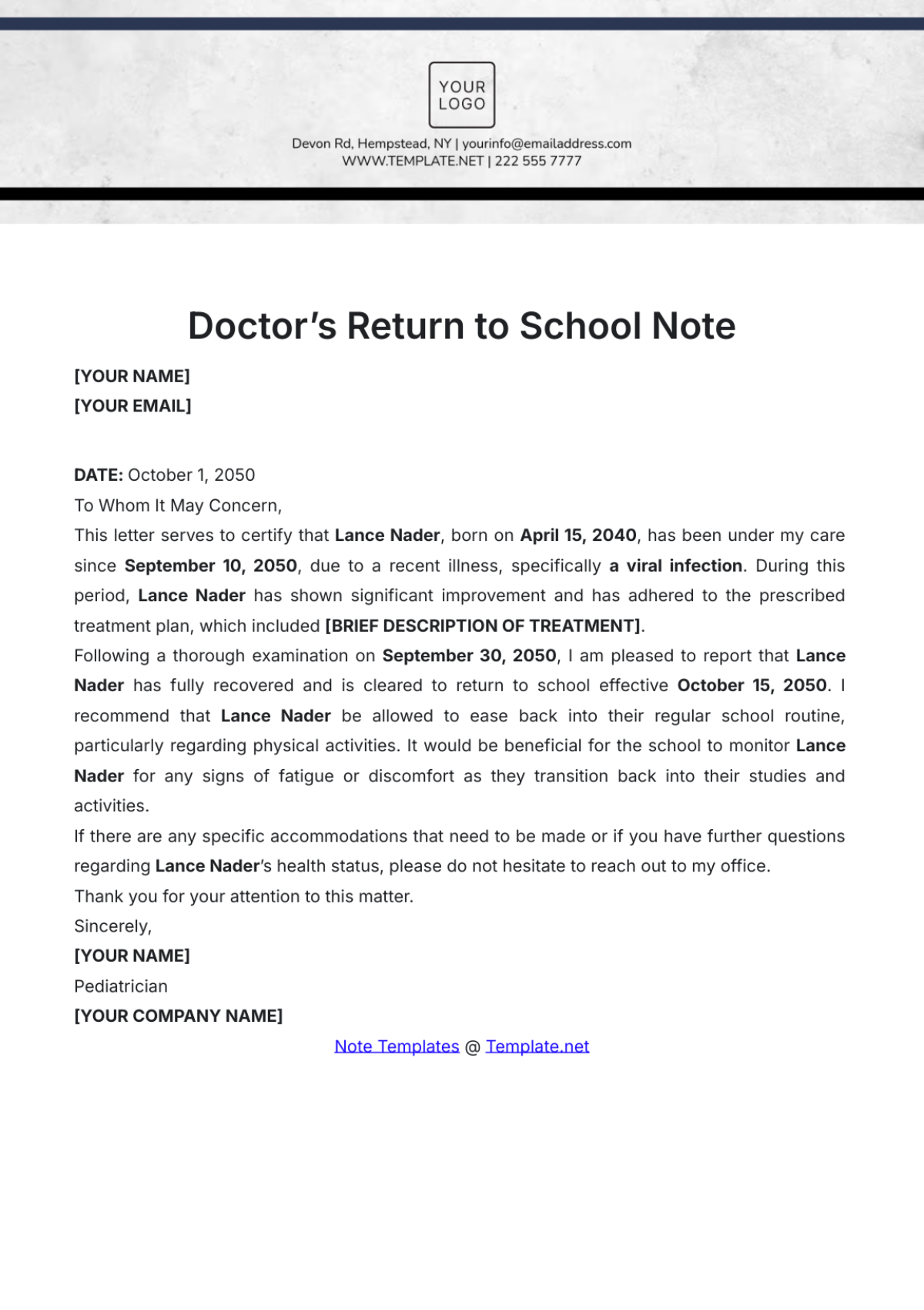 Doctor’s Return to School Note Template - Edit Online & Download