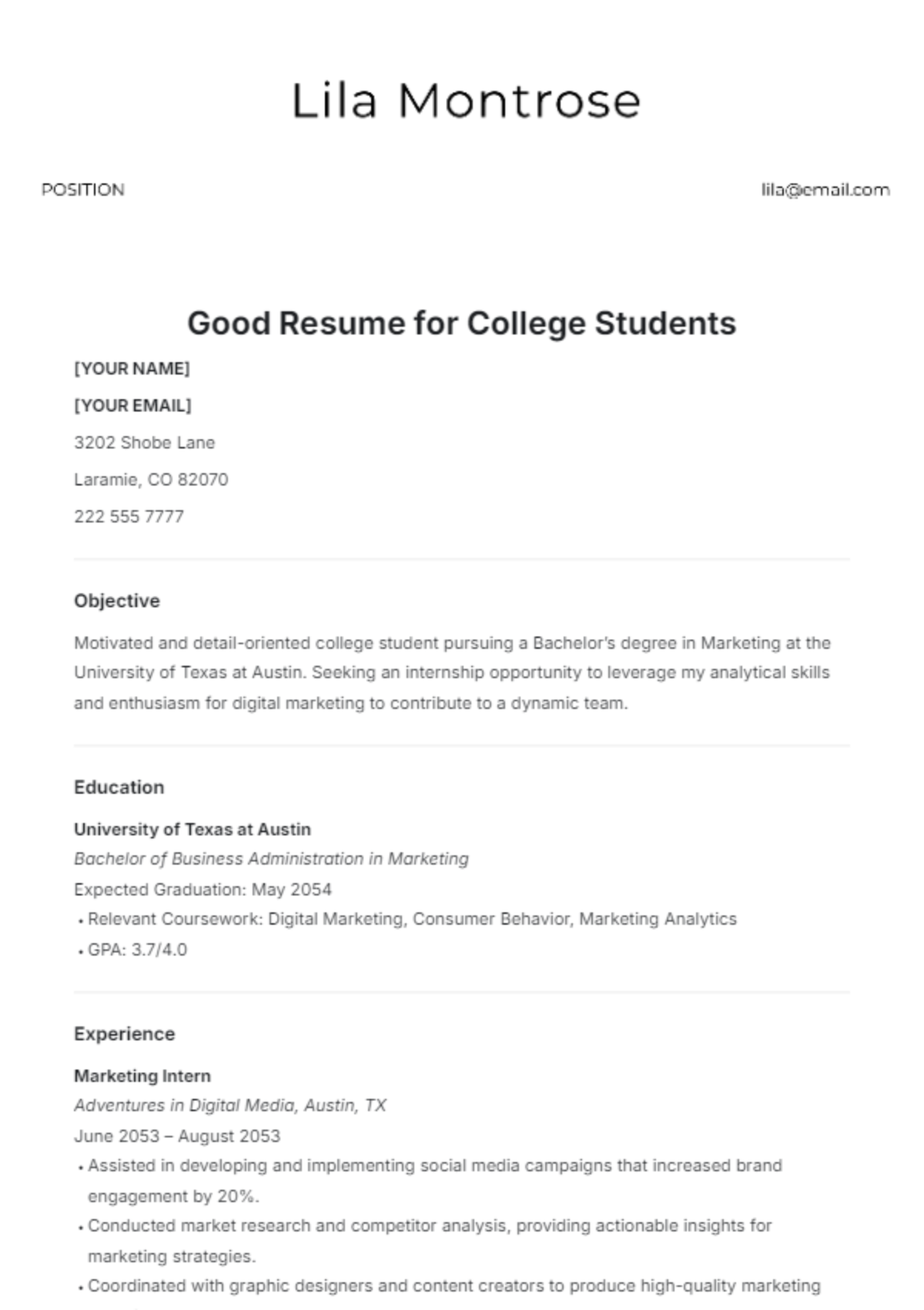 Good Resume  Template for College Students - Edit Online & Download