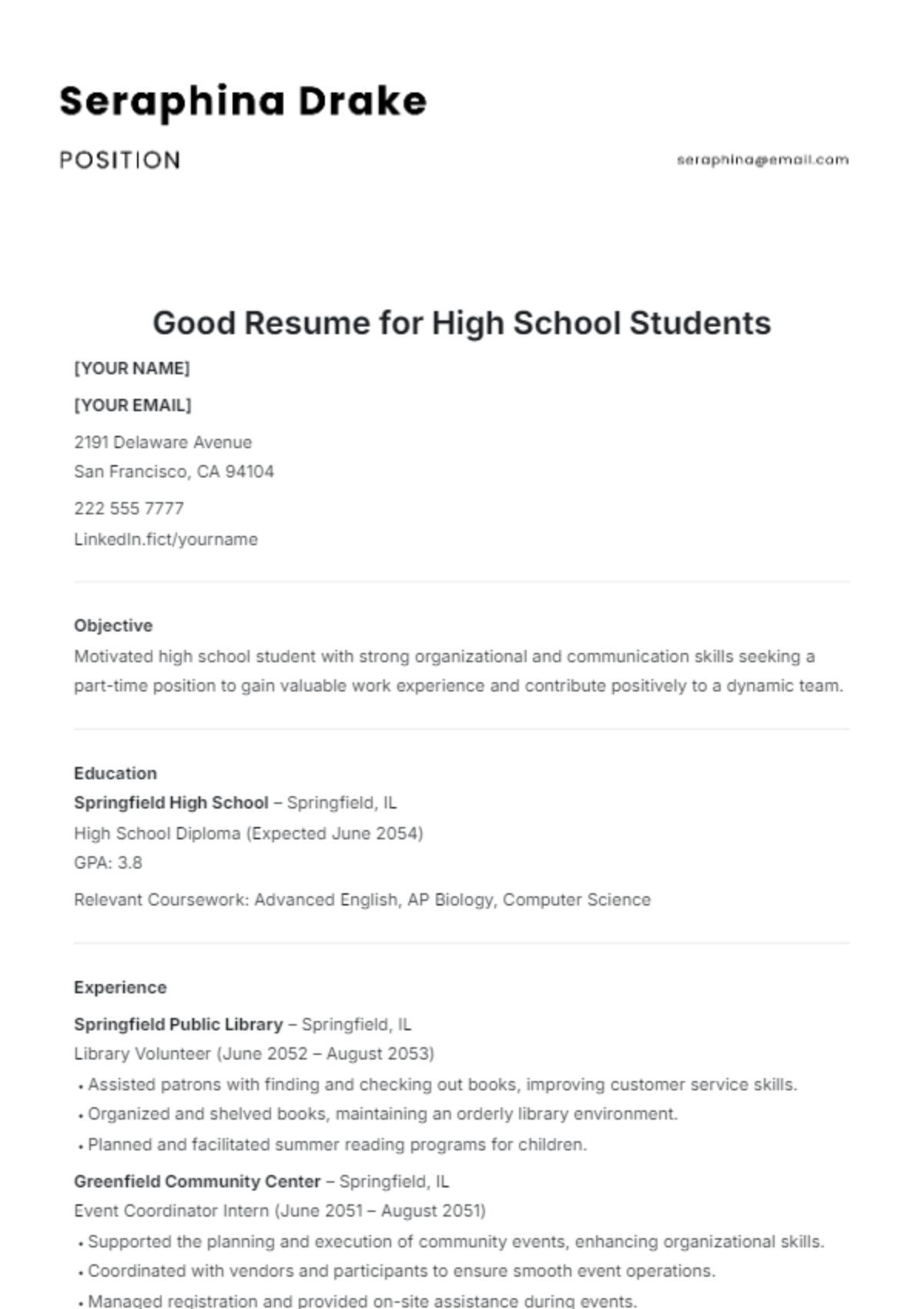 Good Resume Template for High School Students - Edit Online & Download