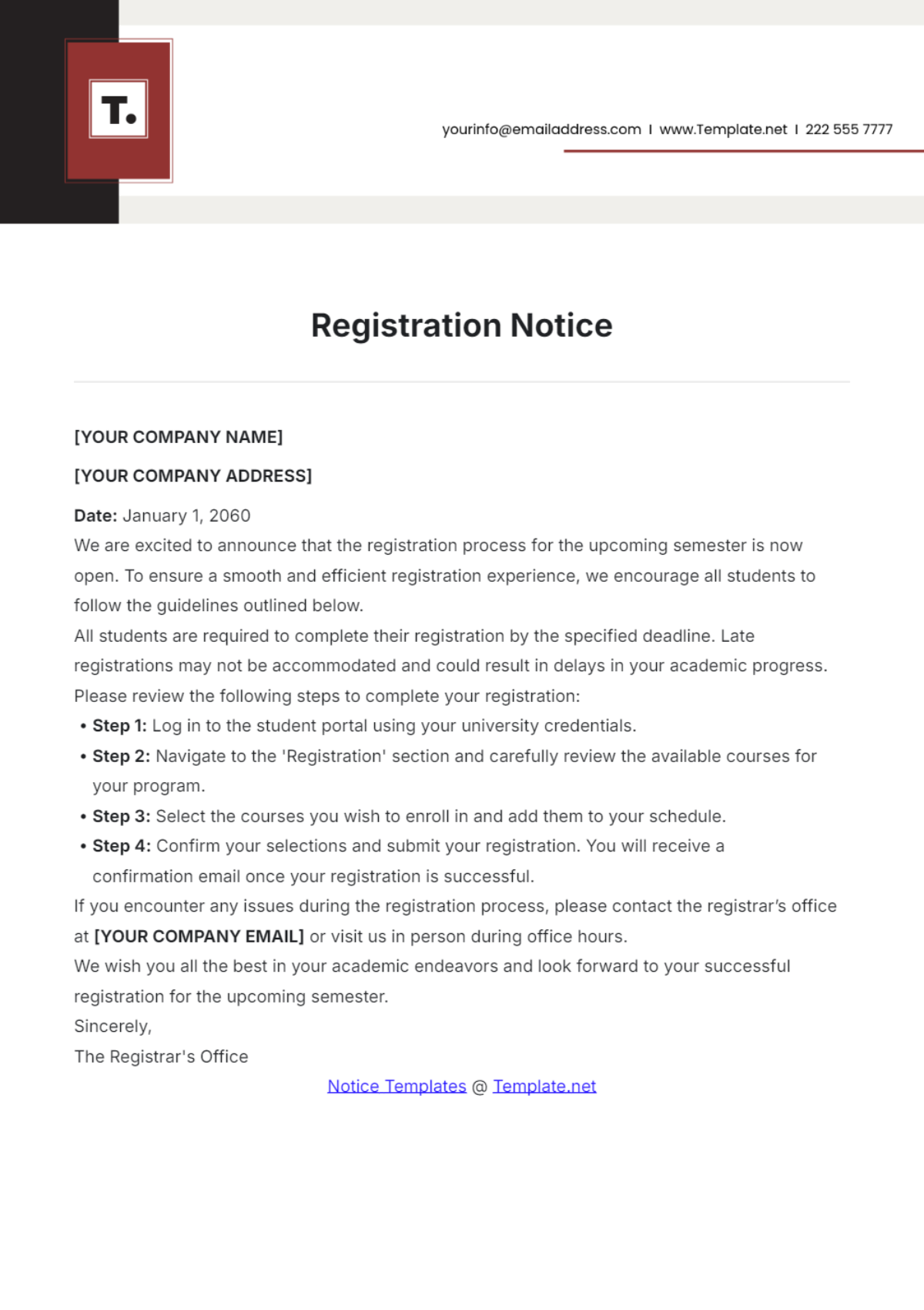 Free Registration Notice Template