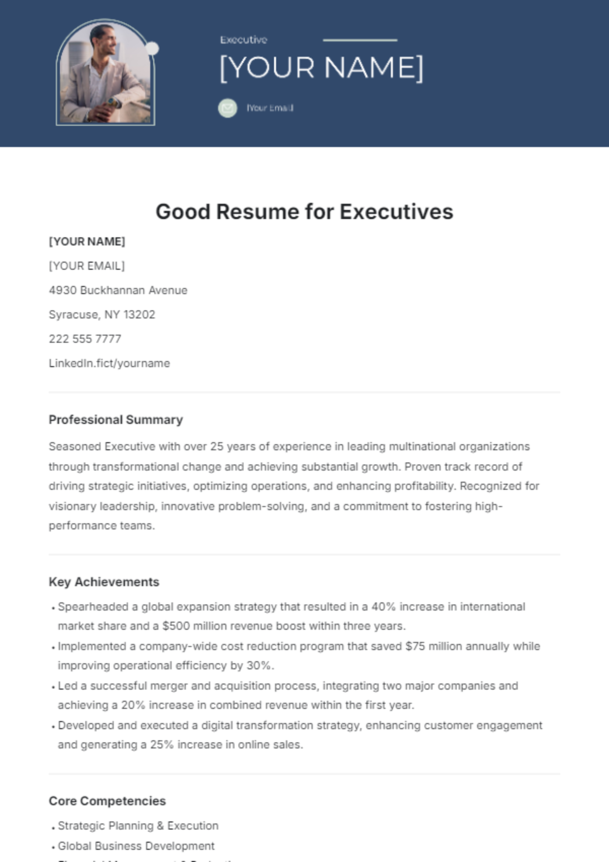 Good Resume Template for Executives - Edit Online & Download