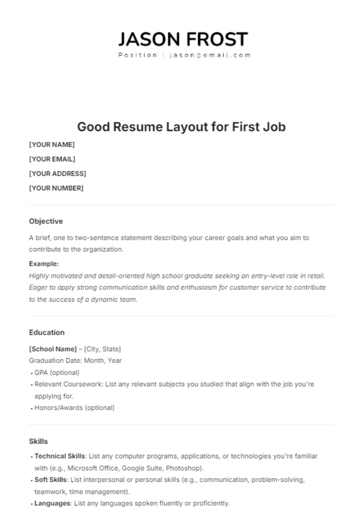 Good Resume Layout for First Job Template - Edit Online & Download