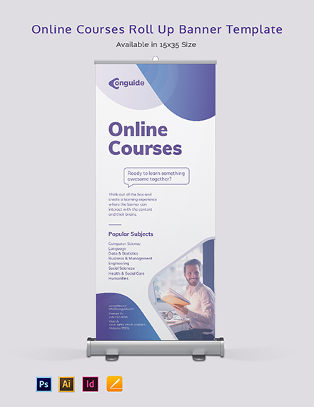 Online Courses Roll Up Banner Template - Illustrator, InDesign, Apple Pages, PSD