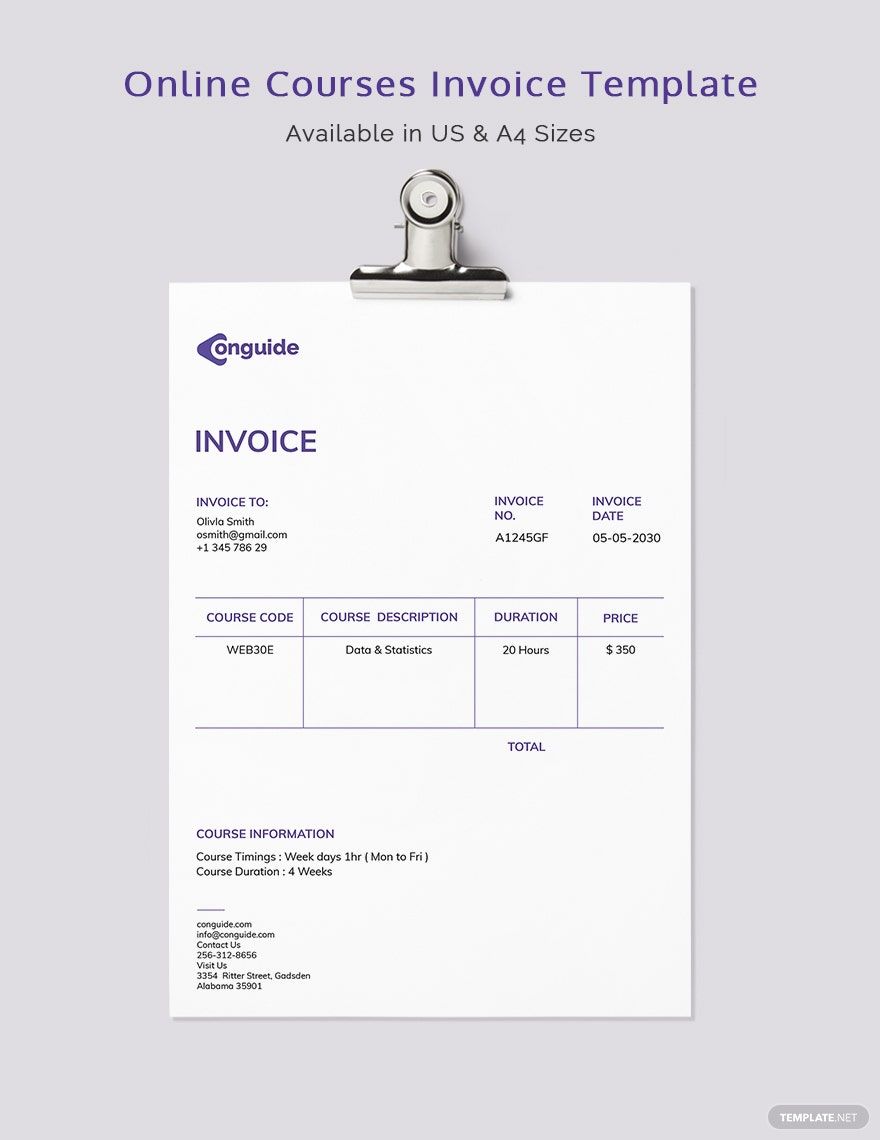 Online Courses Invoice Template in Word, Google Docs, Excel, Google Sheets, Illustrator, PSD, Apple Pages, InDesign, Apple Numbers