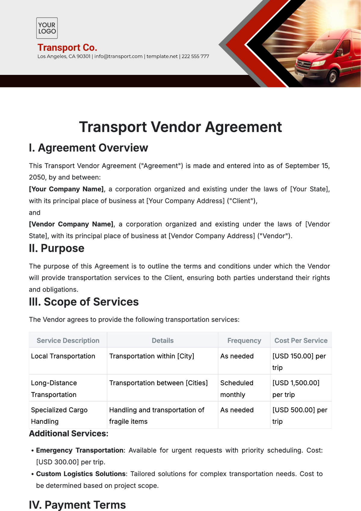 Transport Vendor Agreement Template