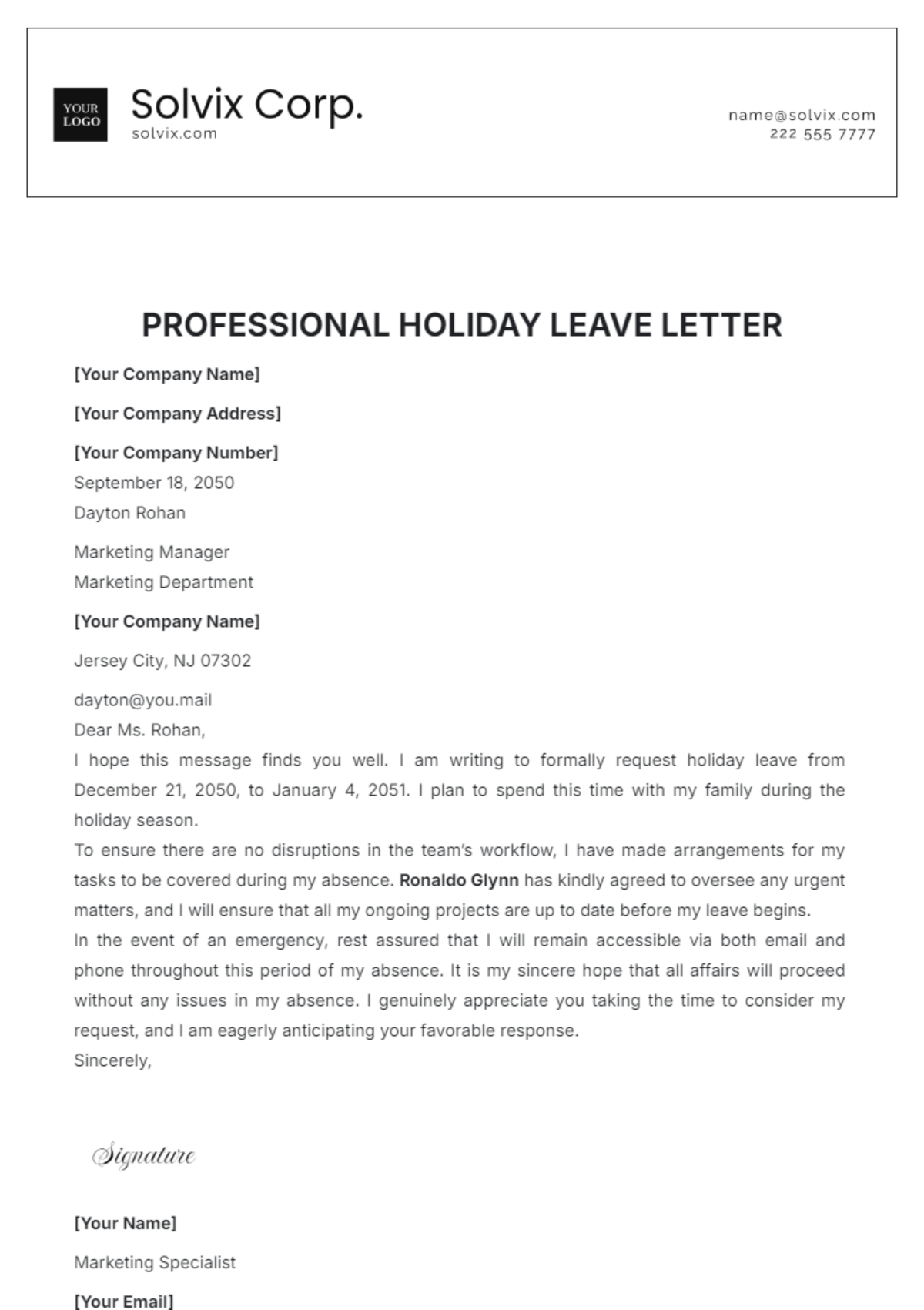 Professional Holiday Leave Letter Template