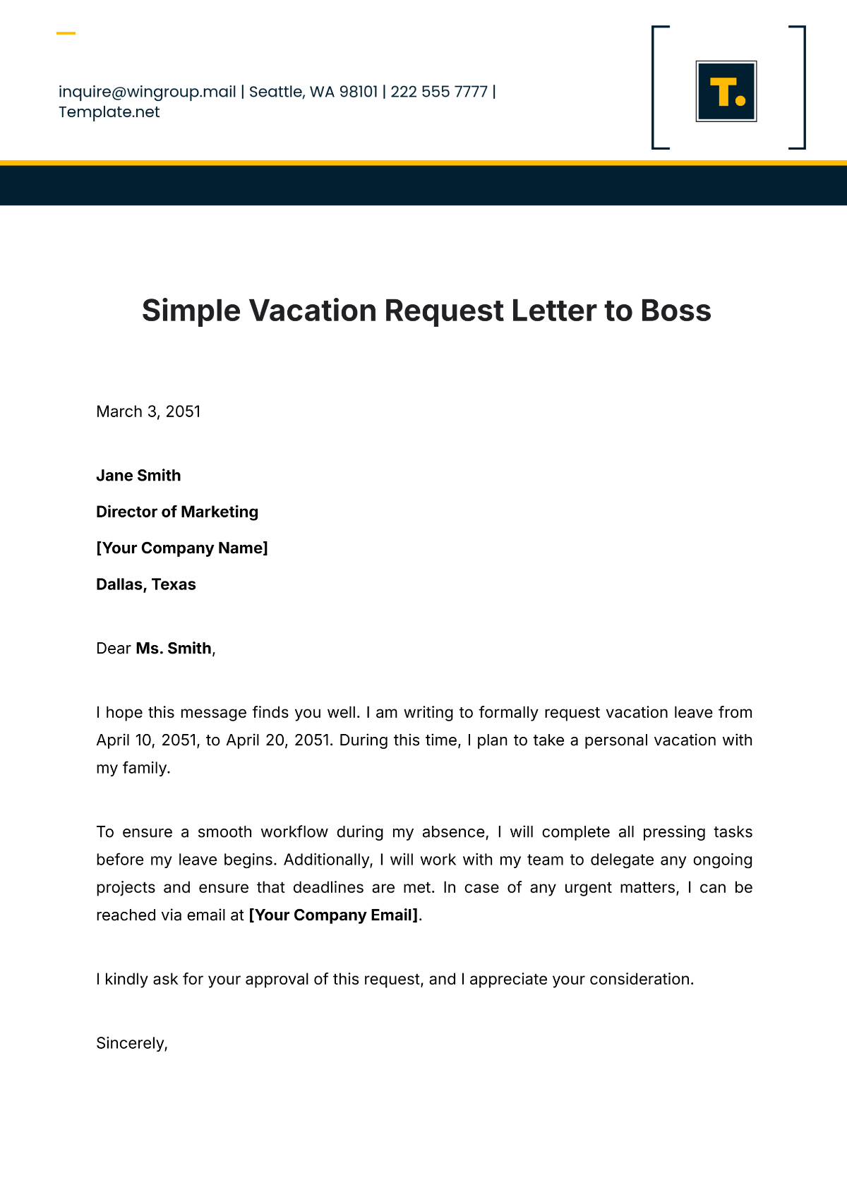 Simple Vacation Request Letter to Boss Template - Edit Online & Download