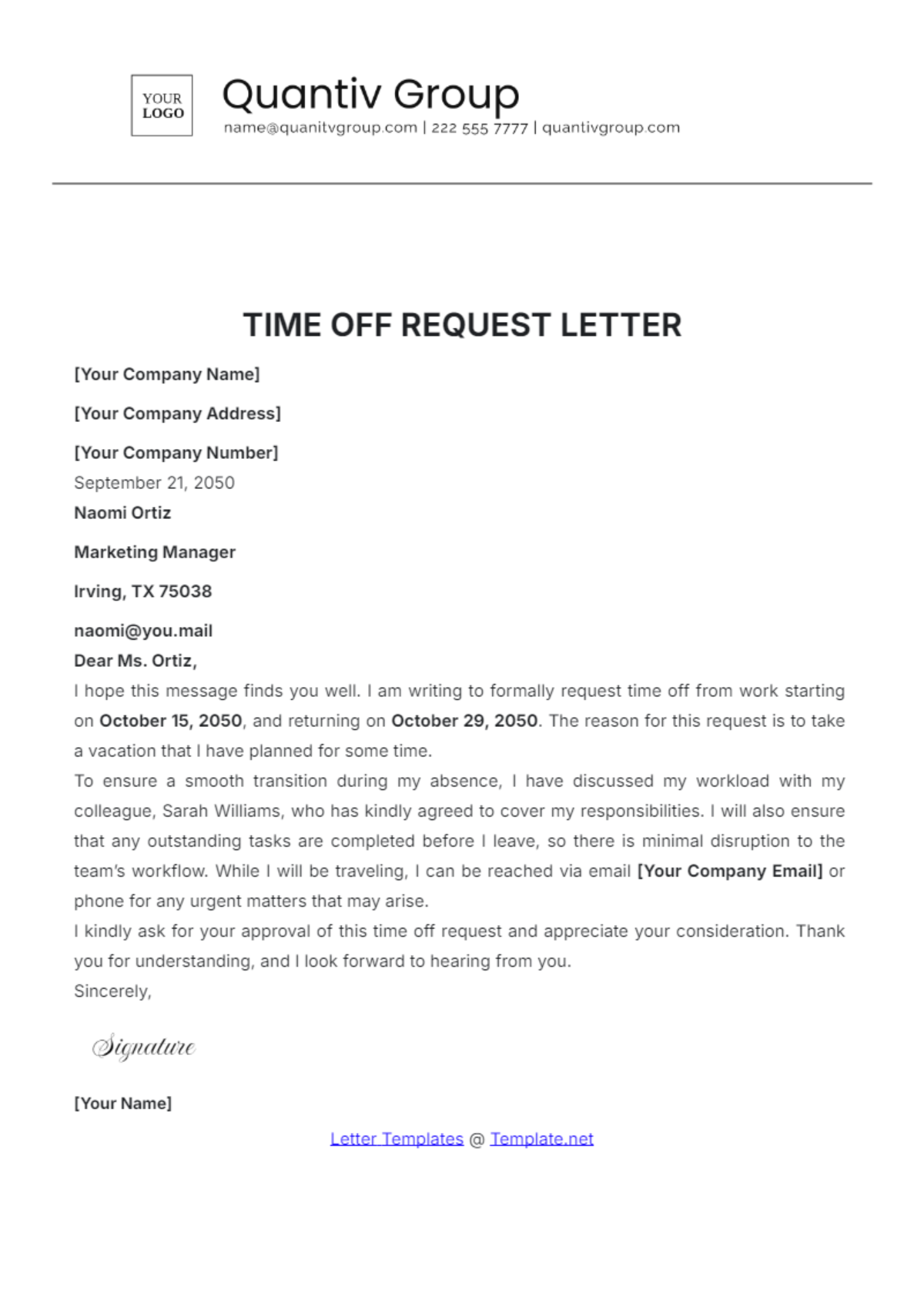 Time Off Request Letter Template - Edit Online & Download