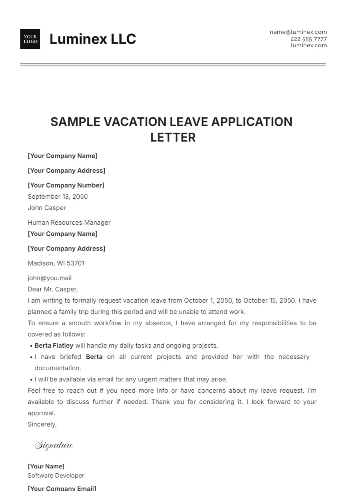 Sample Vacation Leave Application Letter Template