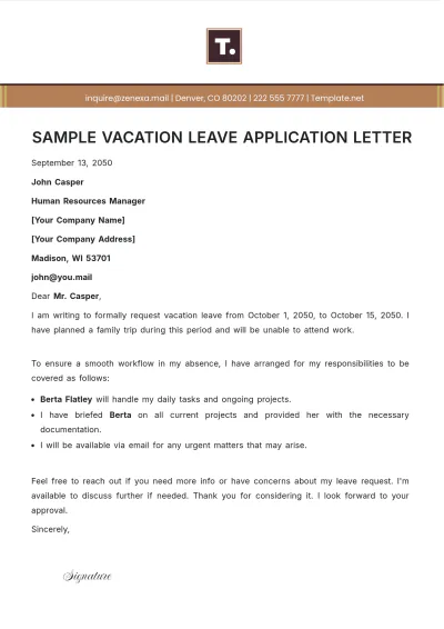 Free Sample Vacation Leave Application Letter Template to Edit Online