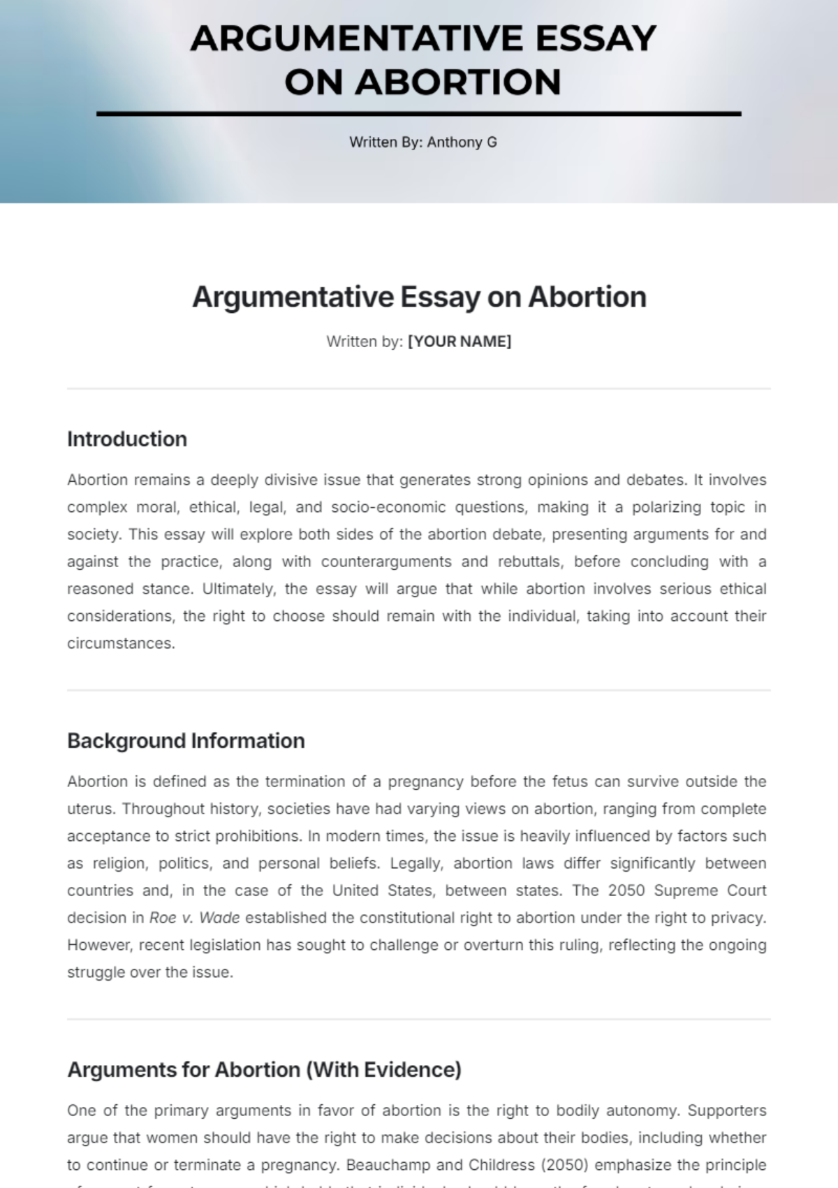 Argumentative Essay on Abortion Template - Edit Online & Download