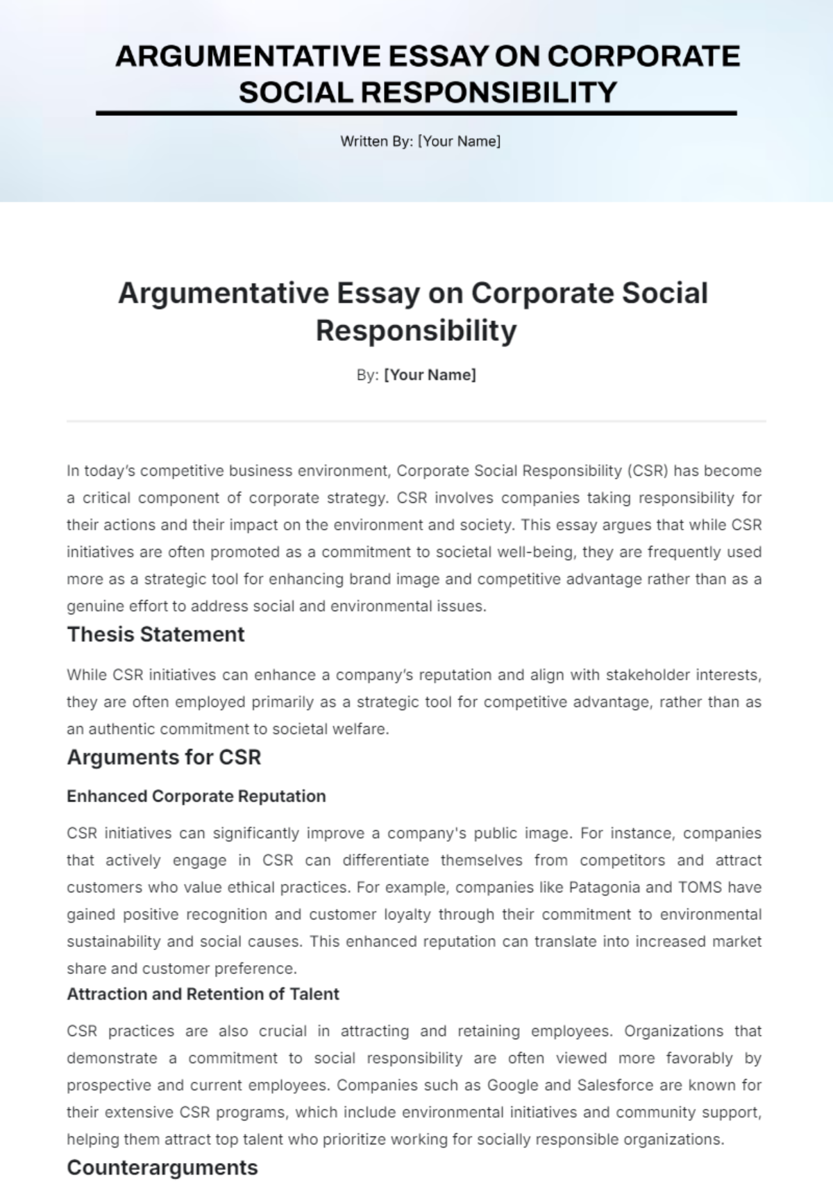 Argumentative Essay on Corporate Social Responsibility Template