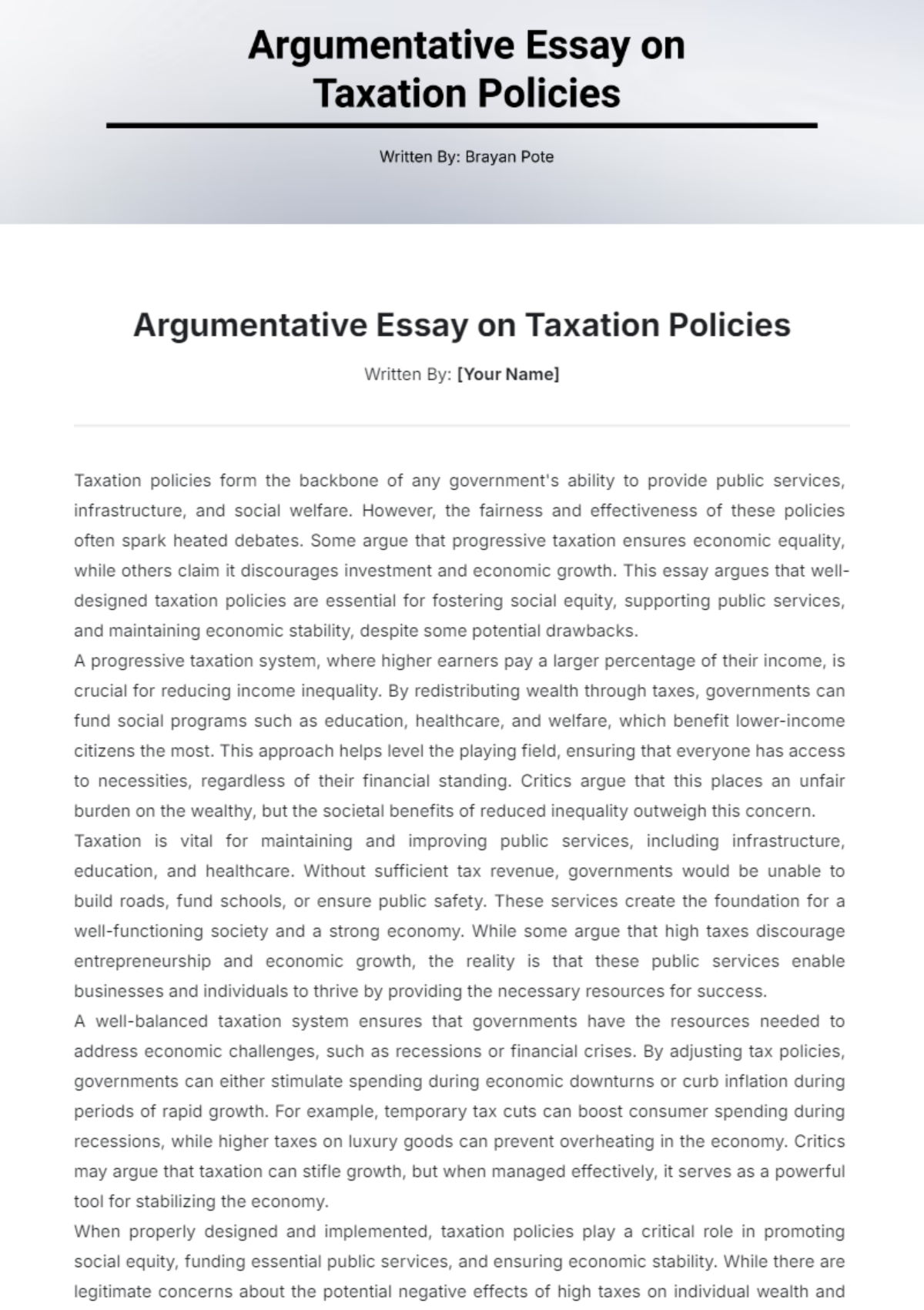 Argumentative Essay on Taxation Policies Template