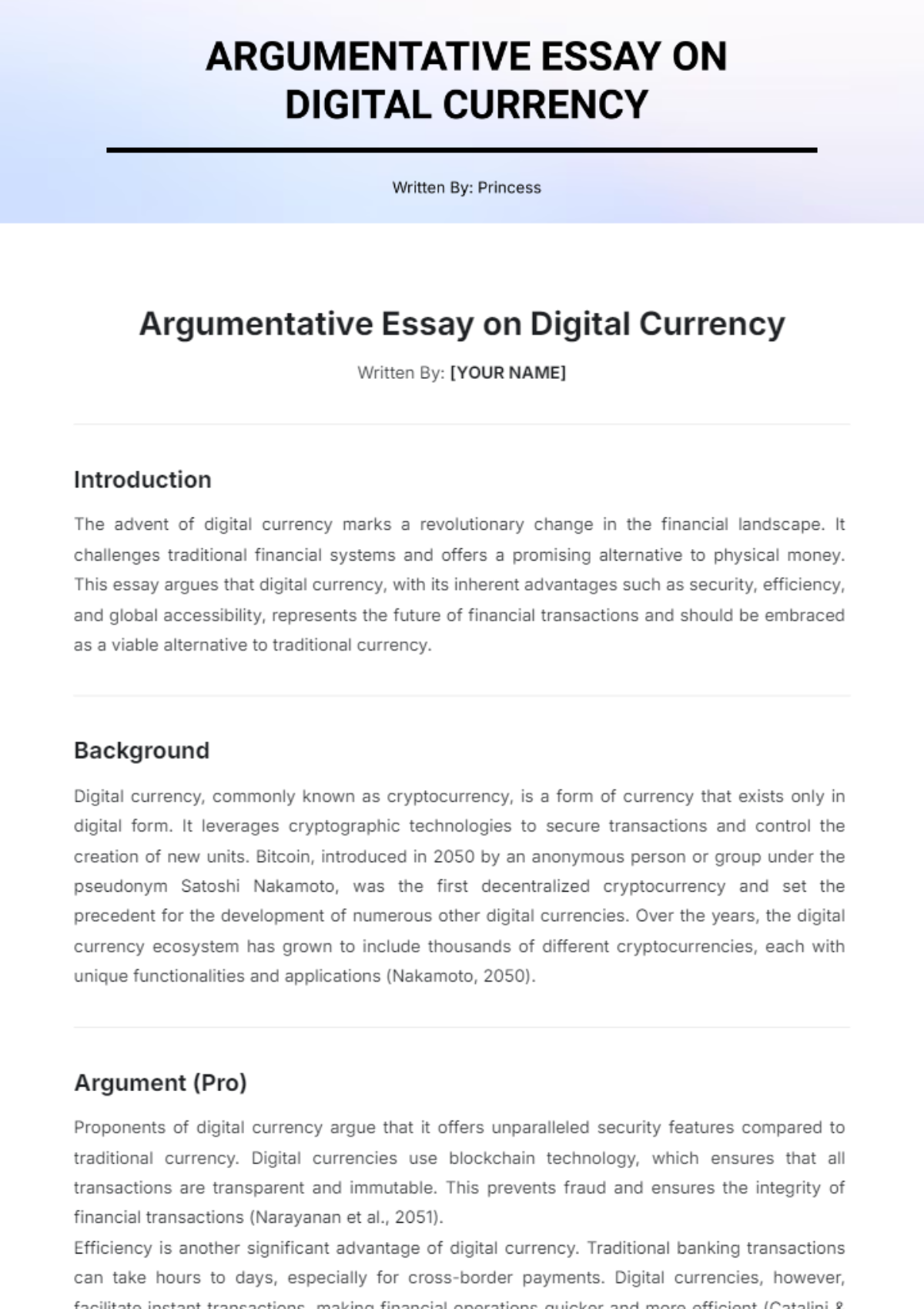 Argumentative Essay on Digital Currency Template - Edit Online & Download