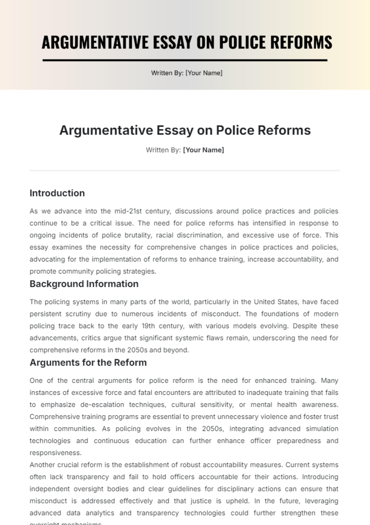 Argumentative Essay on Police Reforms Template - Edit Online & Download