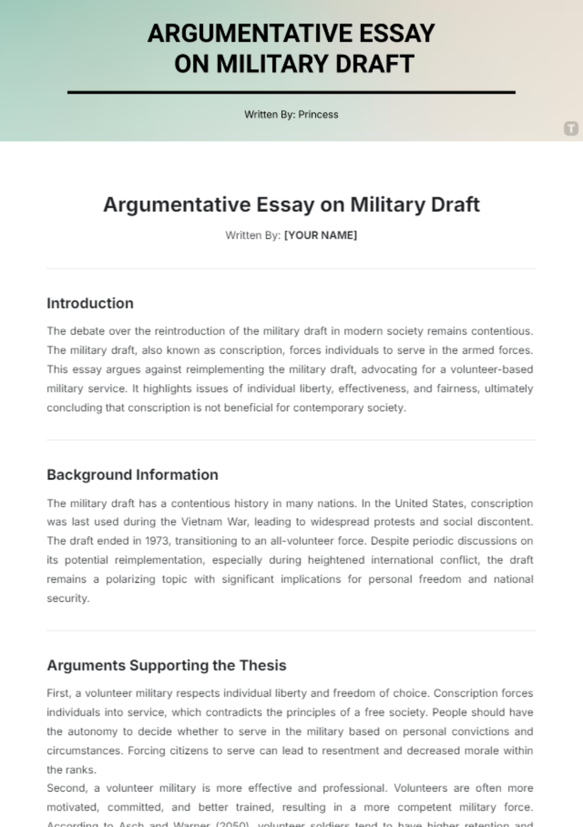 Argumentative Essay on Military Draft Template - Edit Online & Download