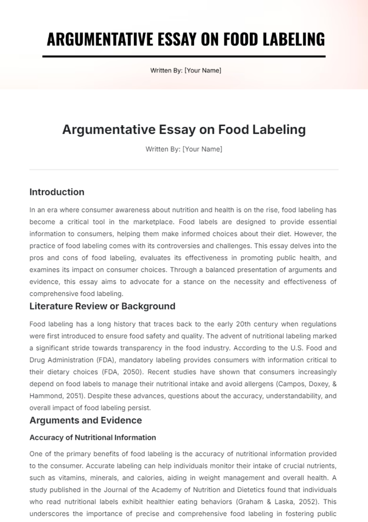 Argumentative Essay on Food Labeling Template - Edit Online & Download