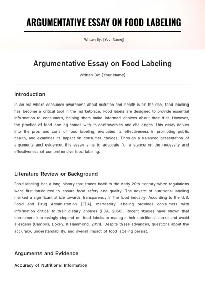 Free Argumentative Essay on Food Labeling Template to Edit Online