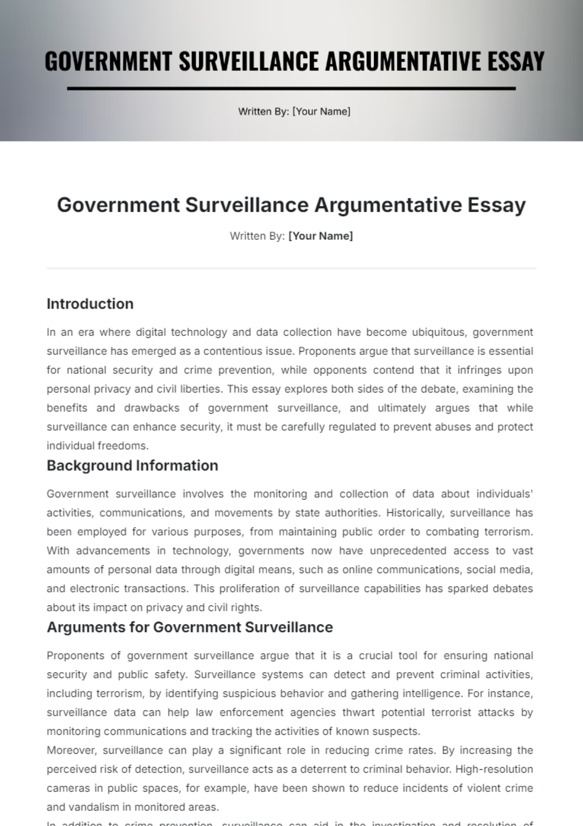 Government Surveillance Argumentative Essay Template - Edit Online & Download