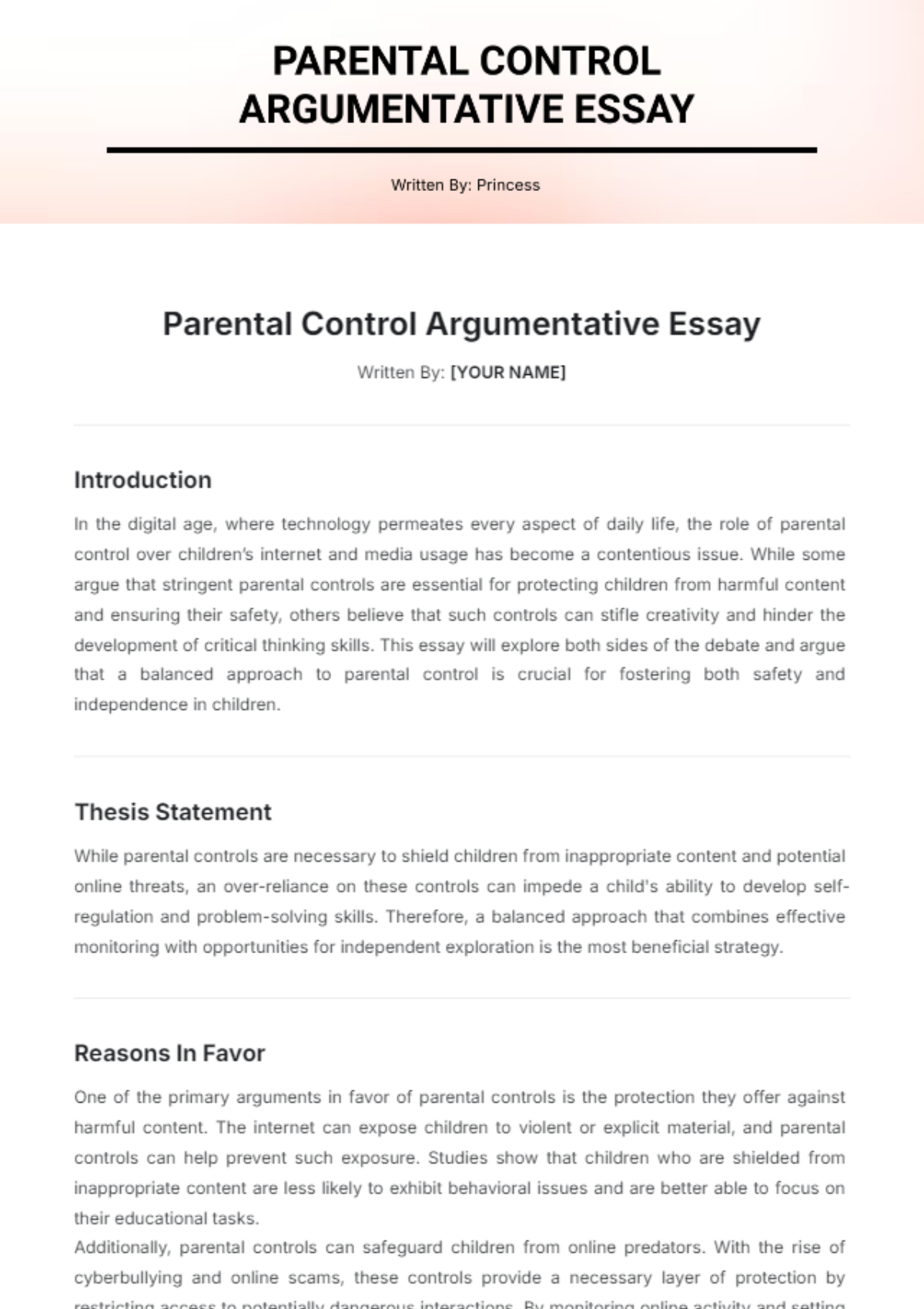 Parental Control Argumentative Essay Template - Edit Online & Download