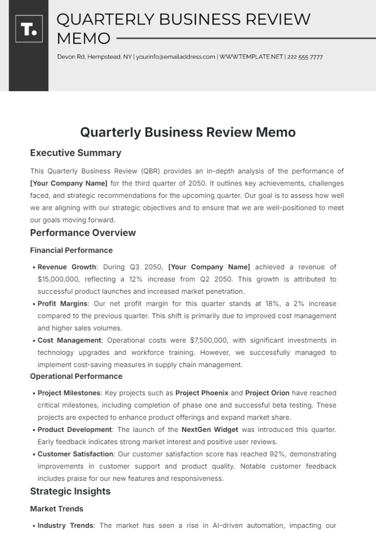 Quarterly Business Review Memo Template