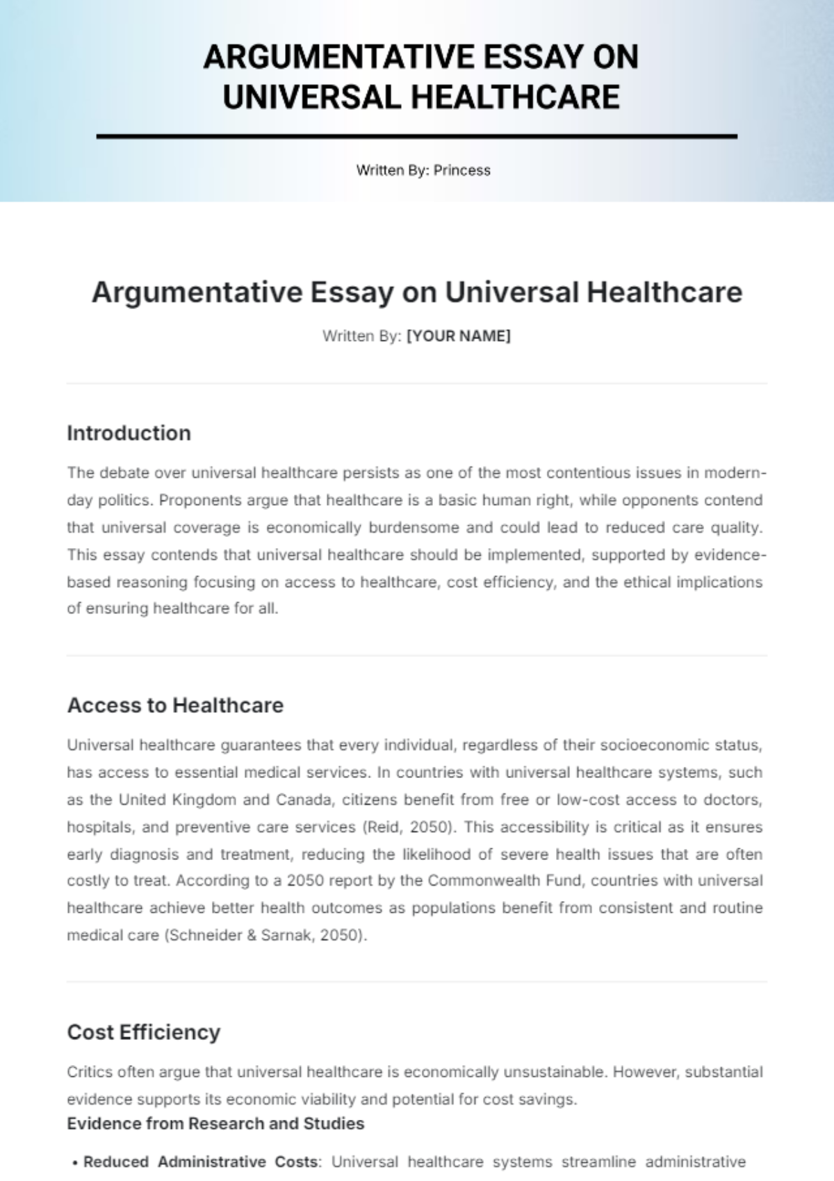 Argumentative Essay on Universal Healthcare Template - Edit Online & Download