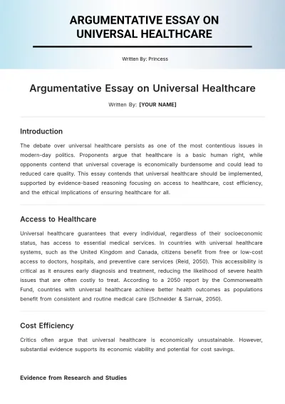 Free Argumentative Essay on Universal Healthcare Template to Edit Online
