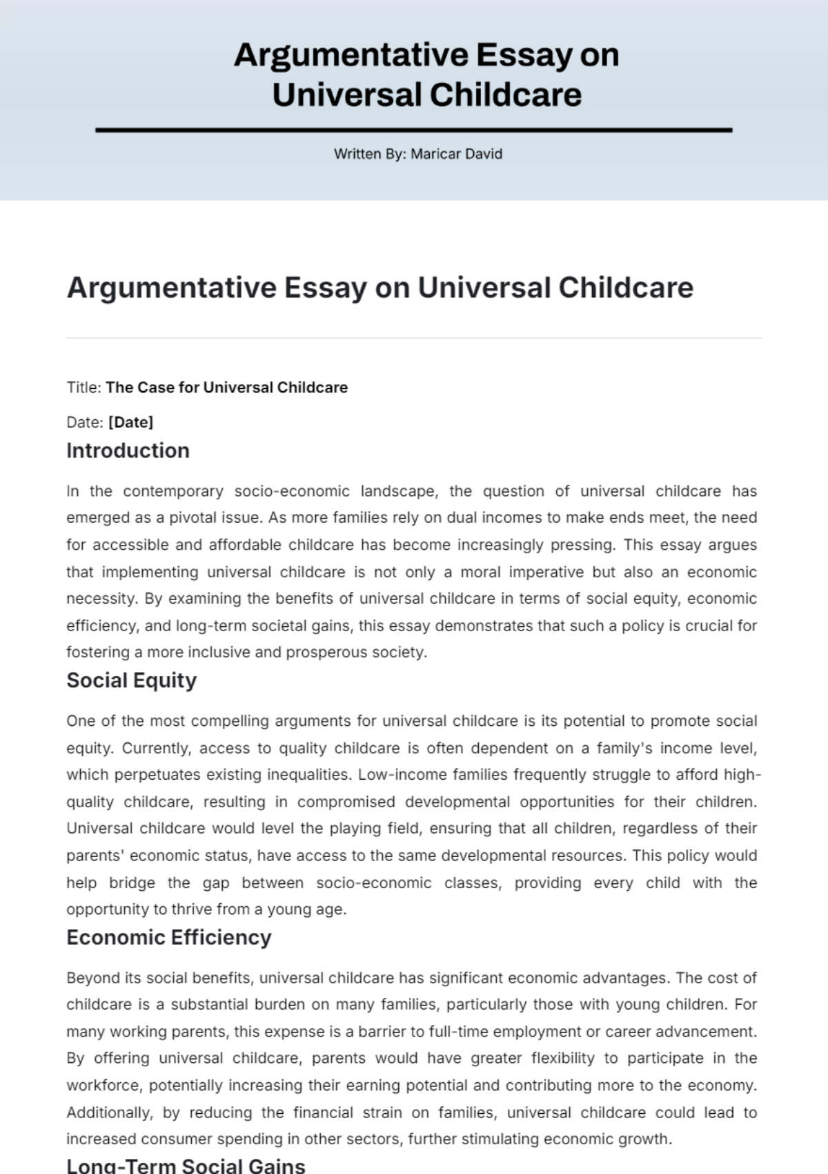 Argumentative Essay on Universal Childcare Template - Edit Online & Download