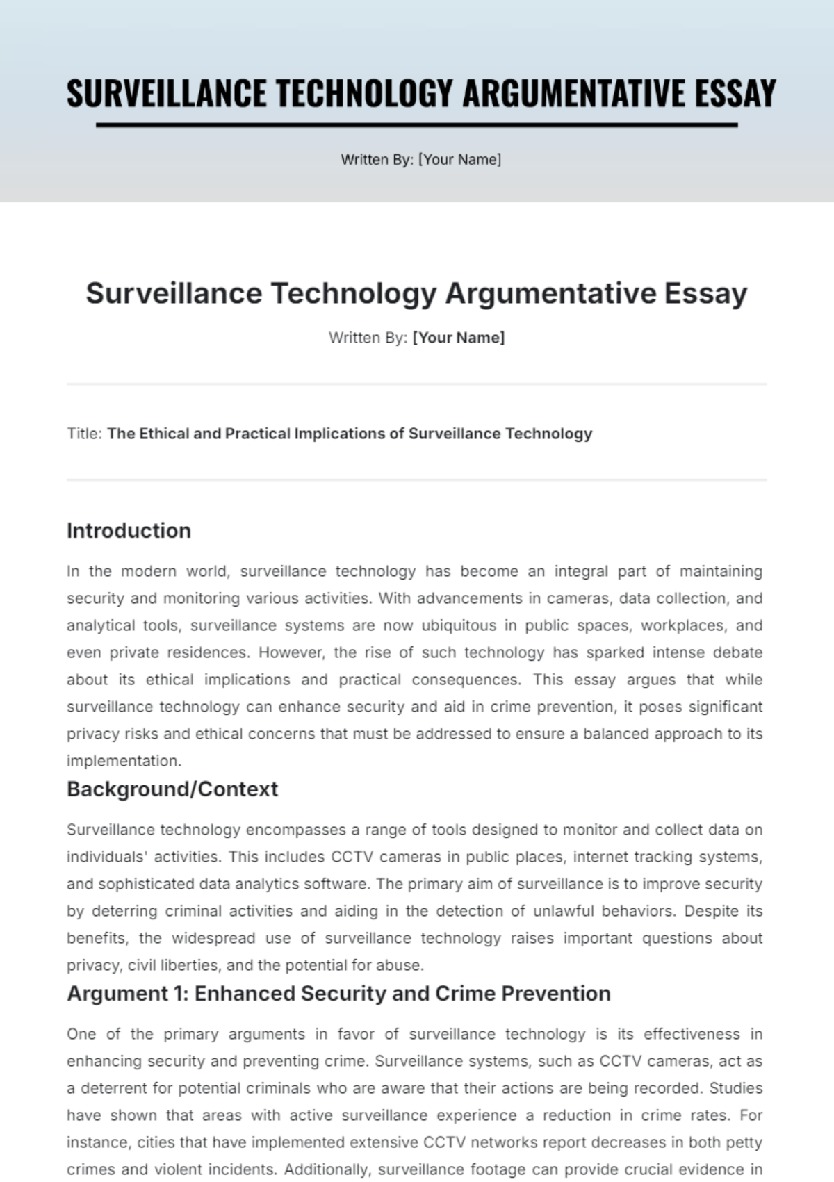 Surveillance Technology Argumentative Essay Template - Edit Online & Download