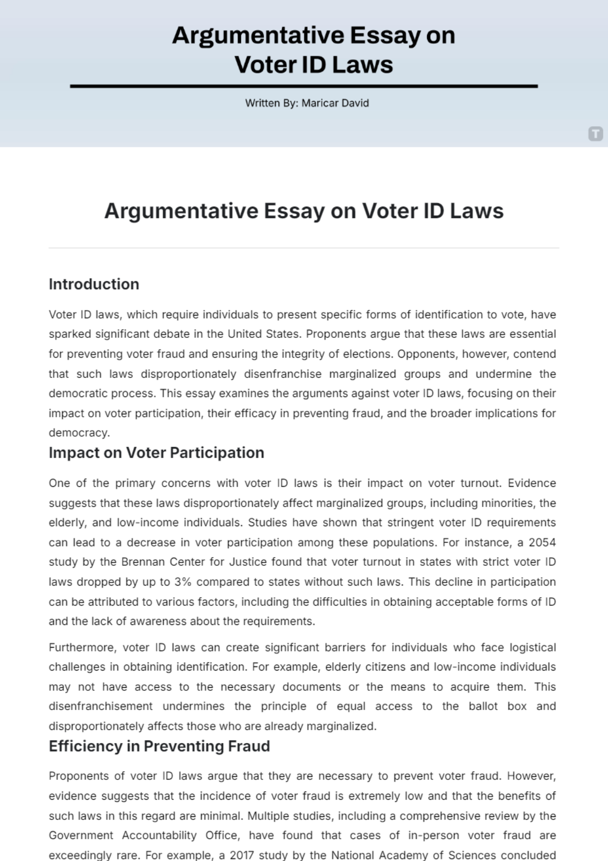 Argumentative Essay on Voter ID Laws Template