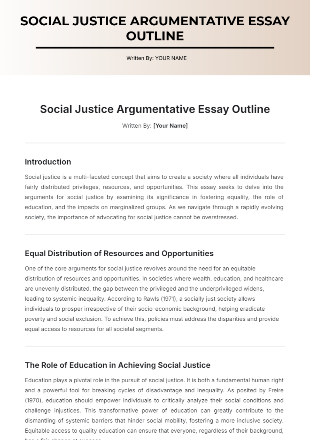 Social Justice Argumentative Essay Outline Template - Edit Online & Download