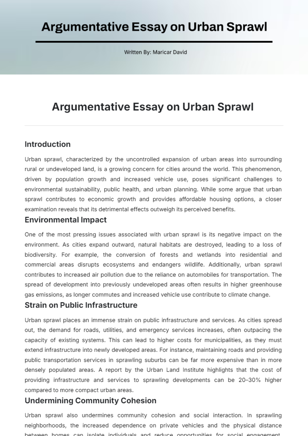 Argumentative Essay on Urban Sprawl  Template